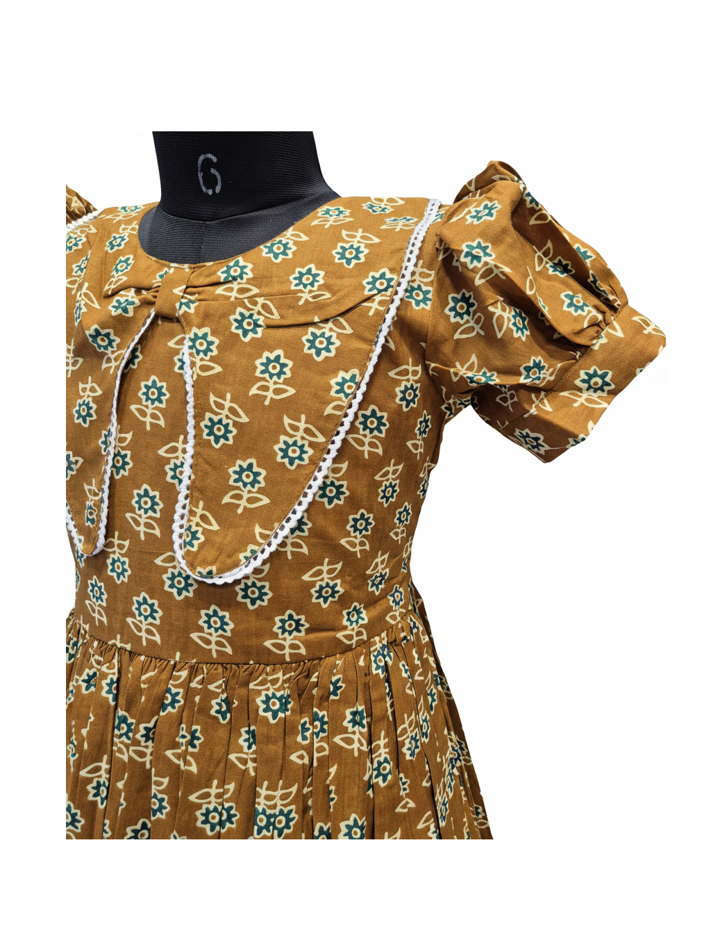 Retro Brown Floral Print Cotton Dress with Puff Sleeves
