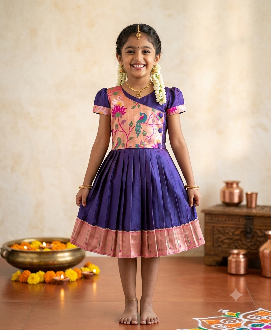 Traditional purple and peach paithani silk knee length frock for girls with peacock motif - House of Kritee