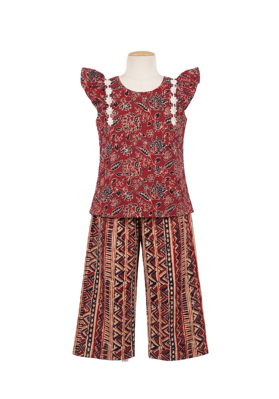 Maroon Floral and Geometric Print Cotton Co-ord Set