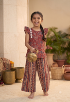 Girls Deep Red & Cream Cotton Kalamkari Coord Set