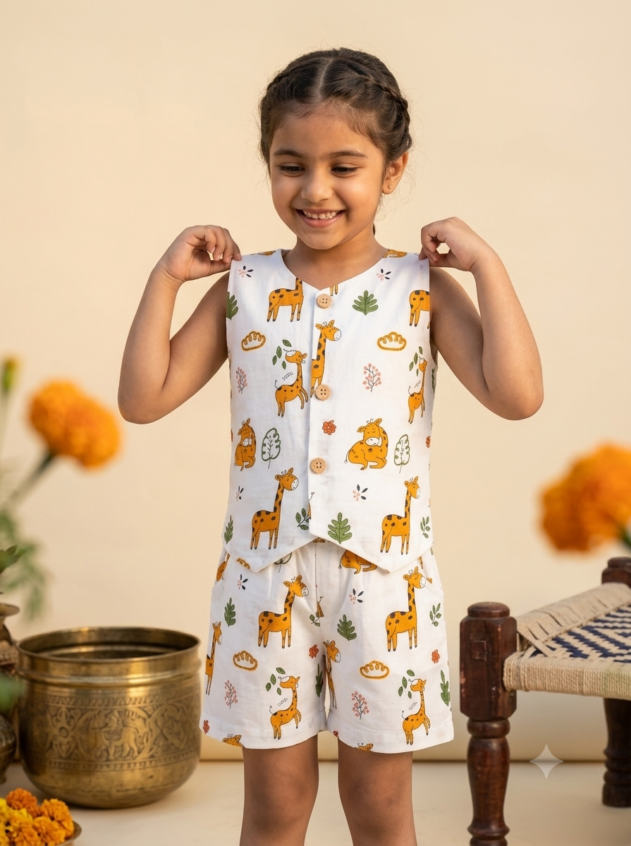 Happy Desi digital girl smiling and wearing a premium white cotton co-ord set featuring a giraffe print sleeveless waistcoat with wooden buttons and matching shorts in a blurred garden background setting