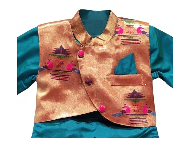 Boys' Teal Silk Dhoti Set with Embellished Jacket