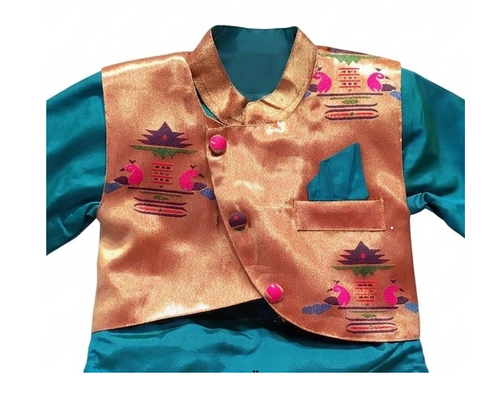 Boys' Teal Silk Dhoti Set with Embellished Jacket