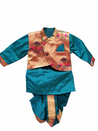 Boys' Teal Silk Dhoti Set with Embellished Jacket