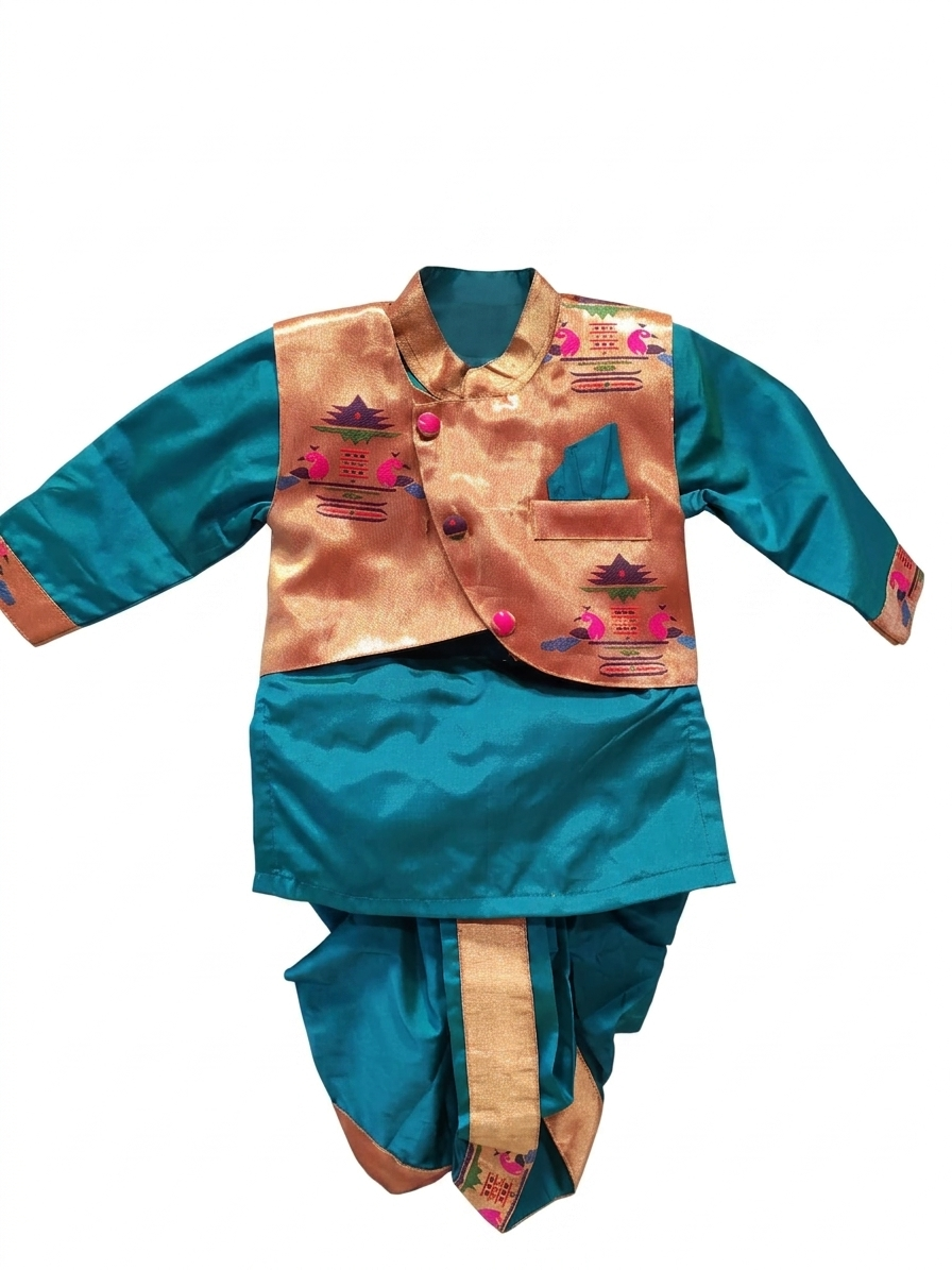 Boys' Teal Silk Dhoti Set with Embellished Jacket
