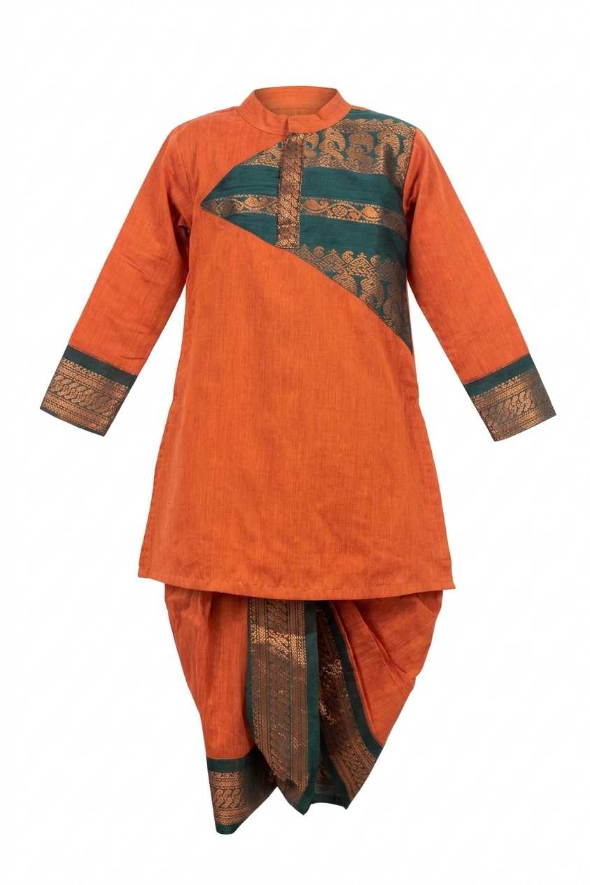 Boys' Orange Cotton Gadhawal Dhoti Set
