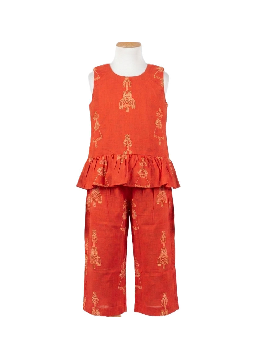 Girls' Orange Ethnic Motif Cotton Co-ord Set