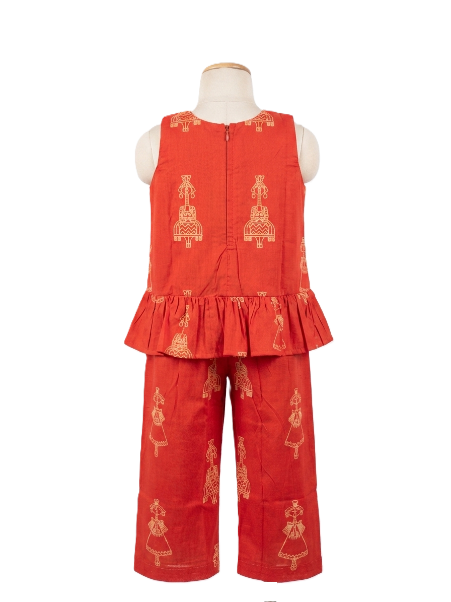 Girls' Orange Ethnic Motif Cotton Co-ord Set