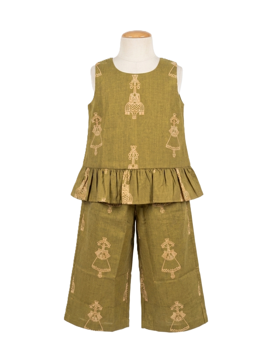 Girls' Olive Green Ethnic Motif Cotton Co-ord Set