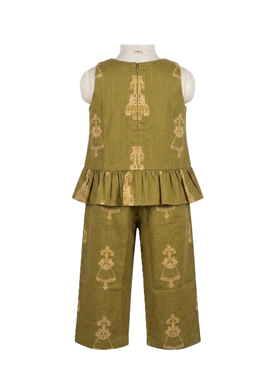 Girls' Olive Green Ethnic Motif Cotton Co-ord Set