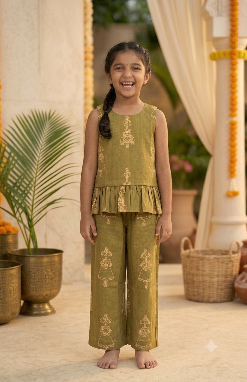 Happy Desi digital girl smiling in a premium olive green cotton co-ord set featuring cream traditional puppet print peplum top and trousers in a soft cream garden background