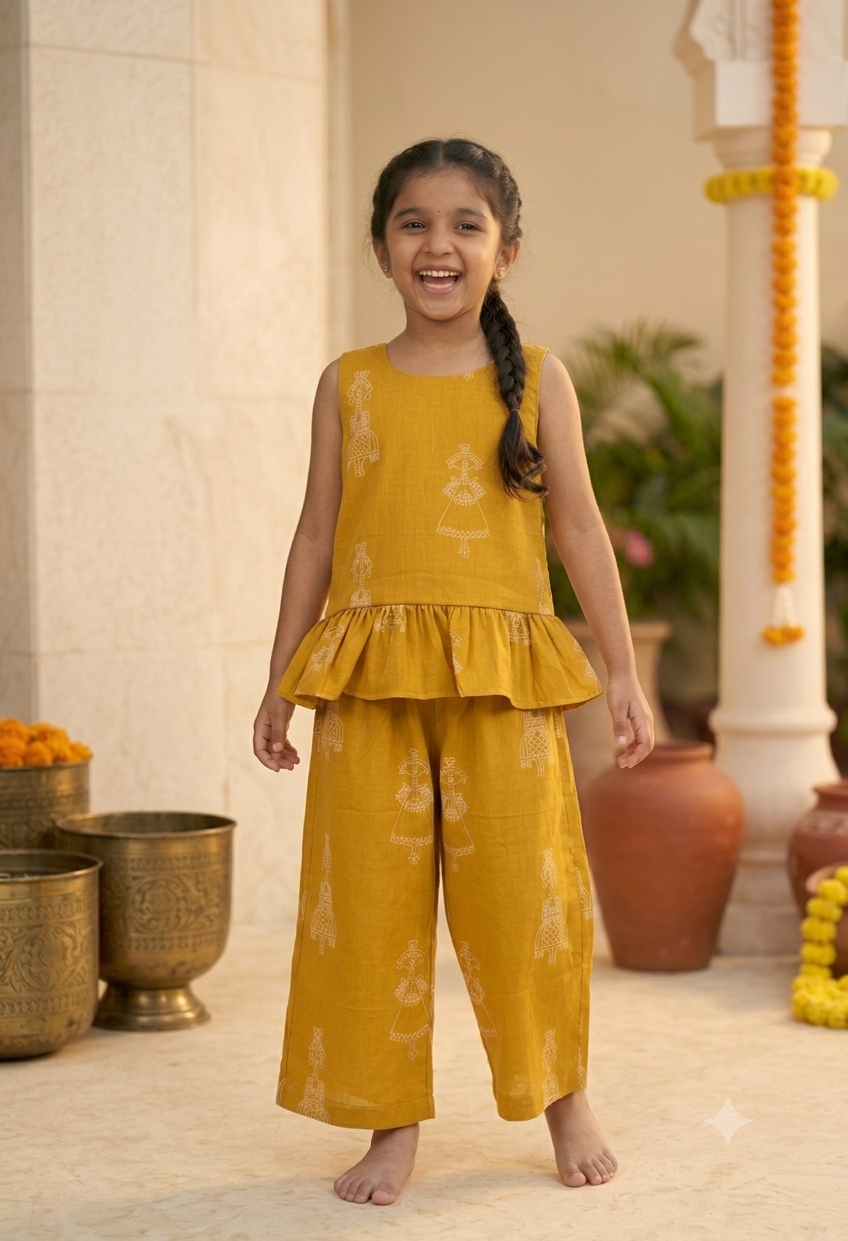 Happy Desi digital girl enjoying in a premium mustard yellow cotton co-ord set with white traditional puppet print peplum top and trousers in a soft cream blurred garden setting
