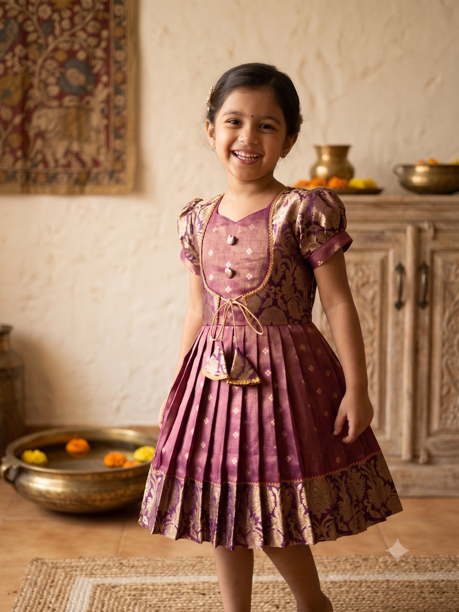 A young girl smiling and wearing a traditional Indian salwar kameez dress in a warm-toned indoor setting. The dress is a dusty rose/mauve color with gold zari embroidery and patterned details, featuring puff sleeves, a buttoned yoke, and a pleated skirt. - House of Kritee