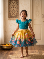 A young girl smiling and posing in a vibrant teal and yellow floral dress with flutter sleeves, standing barefoot on a woven rug in a warm, decorated indoor setting. - House of Kritee