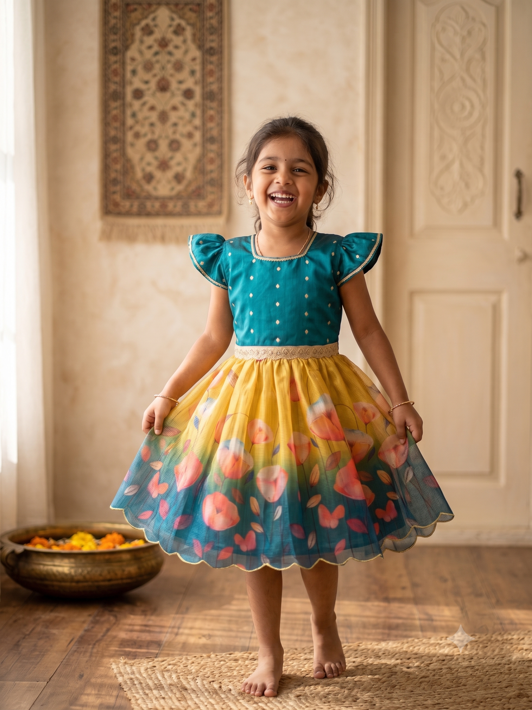 A young girl smiling and posing in a vibrant teal and yellow floral dress with flutter sleeves, standing barefoot on a woven rug in a warm, decorated indoor setting. - House of Kritee