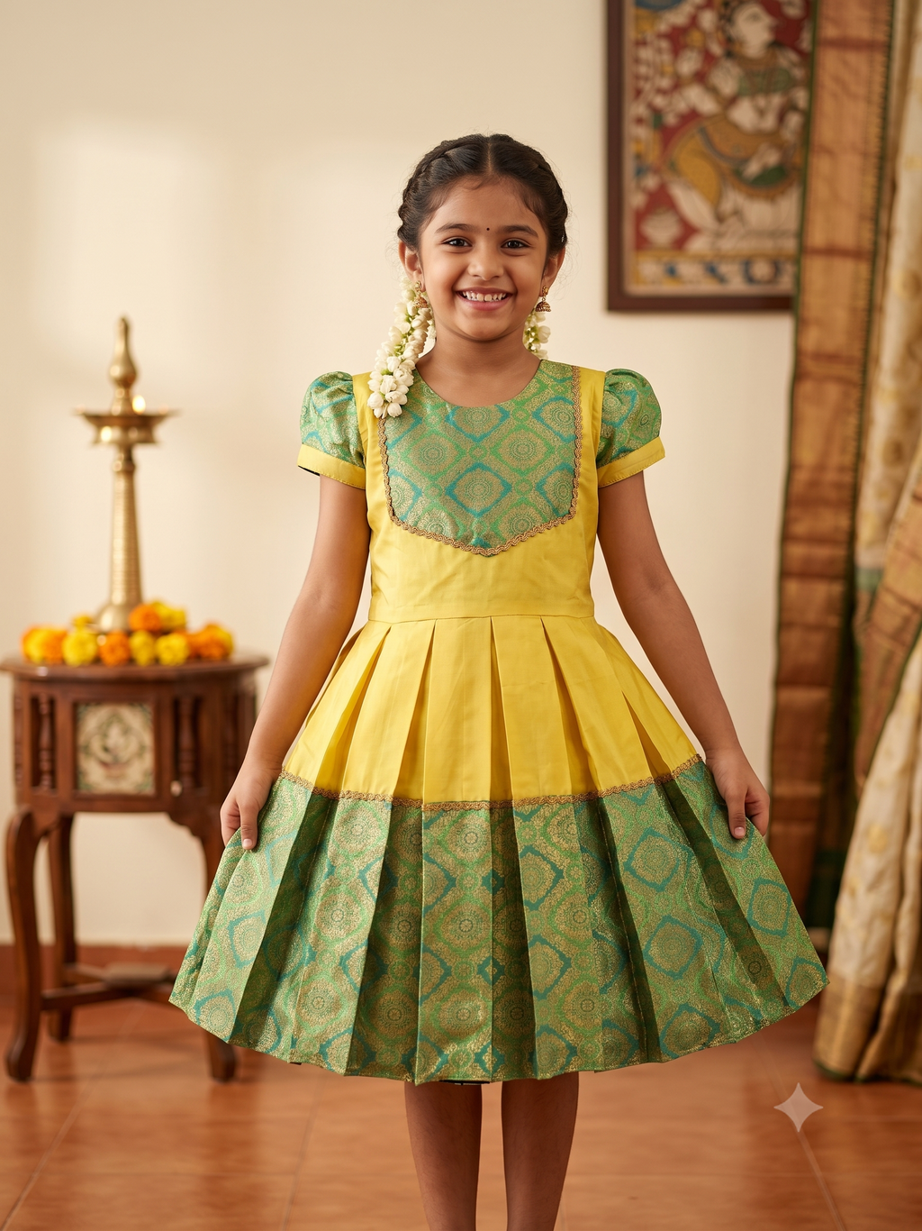 A young girl modeling a traditional Indian dress with a yellow upper bodice and a pleated green skirt with gold patterns, set in an indoor environment with a wooden floor and traditional decor. - House of Kritee