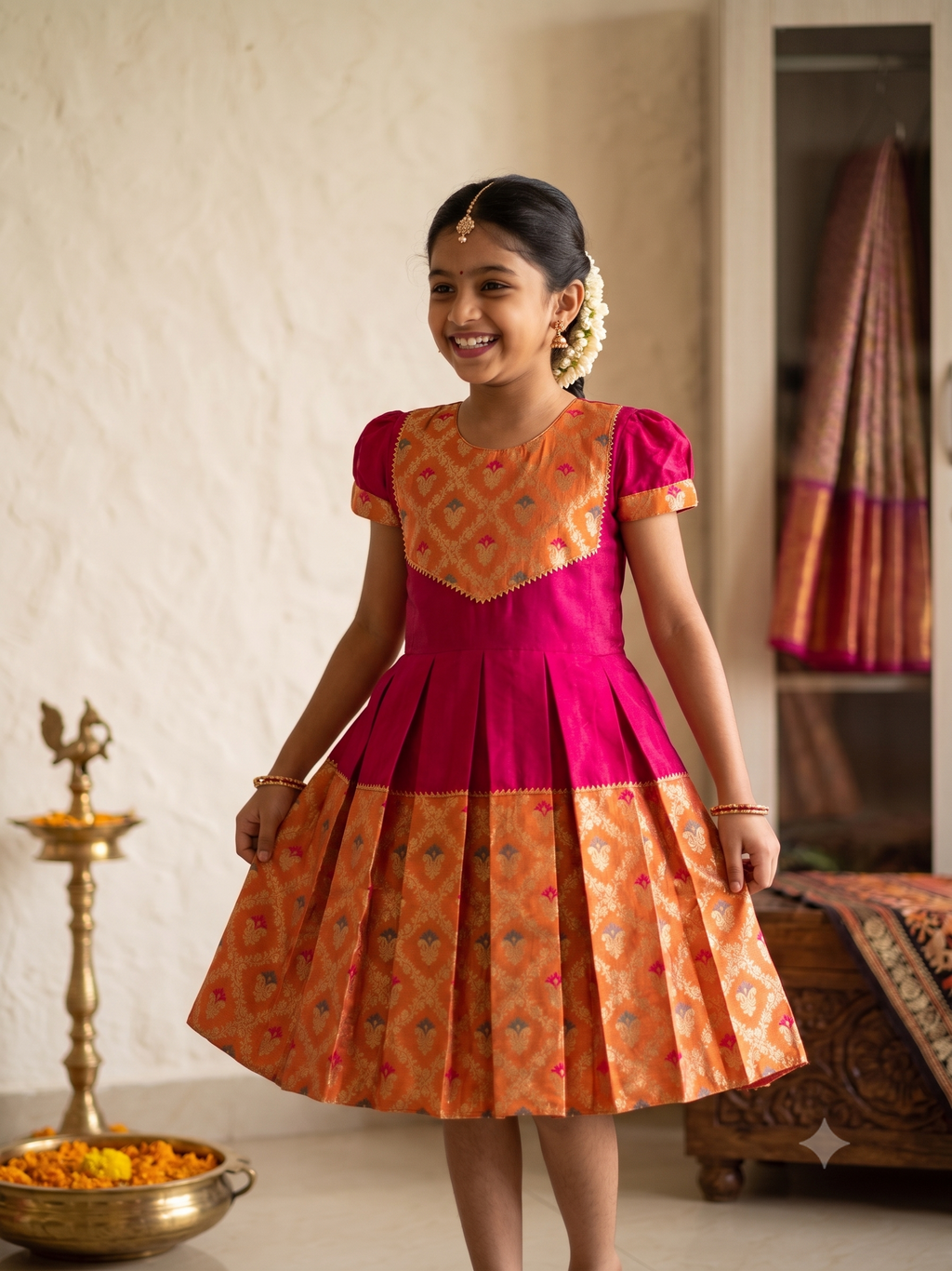 A young girl smiling and wearing a traditional Indian salwar kameez dress with a bright pink and orange patterned design, standing in an indoor setting with a brass lamp and a draped saree in the background. - House of Kritee