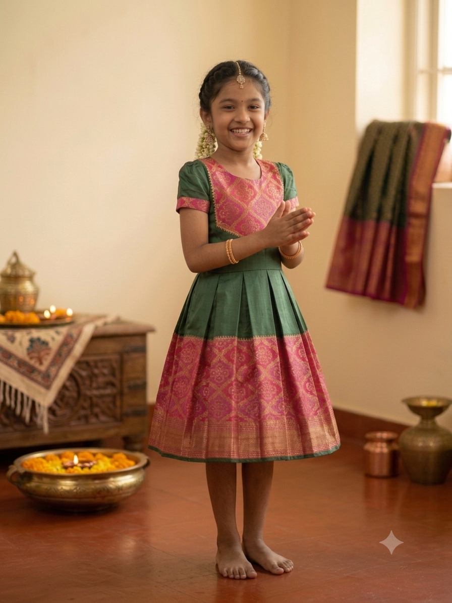 A young girl stands barefoot in a warmly lit indoor setting wearing a traditional Indian dress. The dress has a dark green upper bodice and sleeves with a pink and gold patterned skirt and neckline.  - House of Kritee