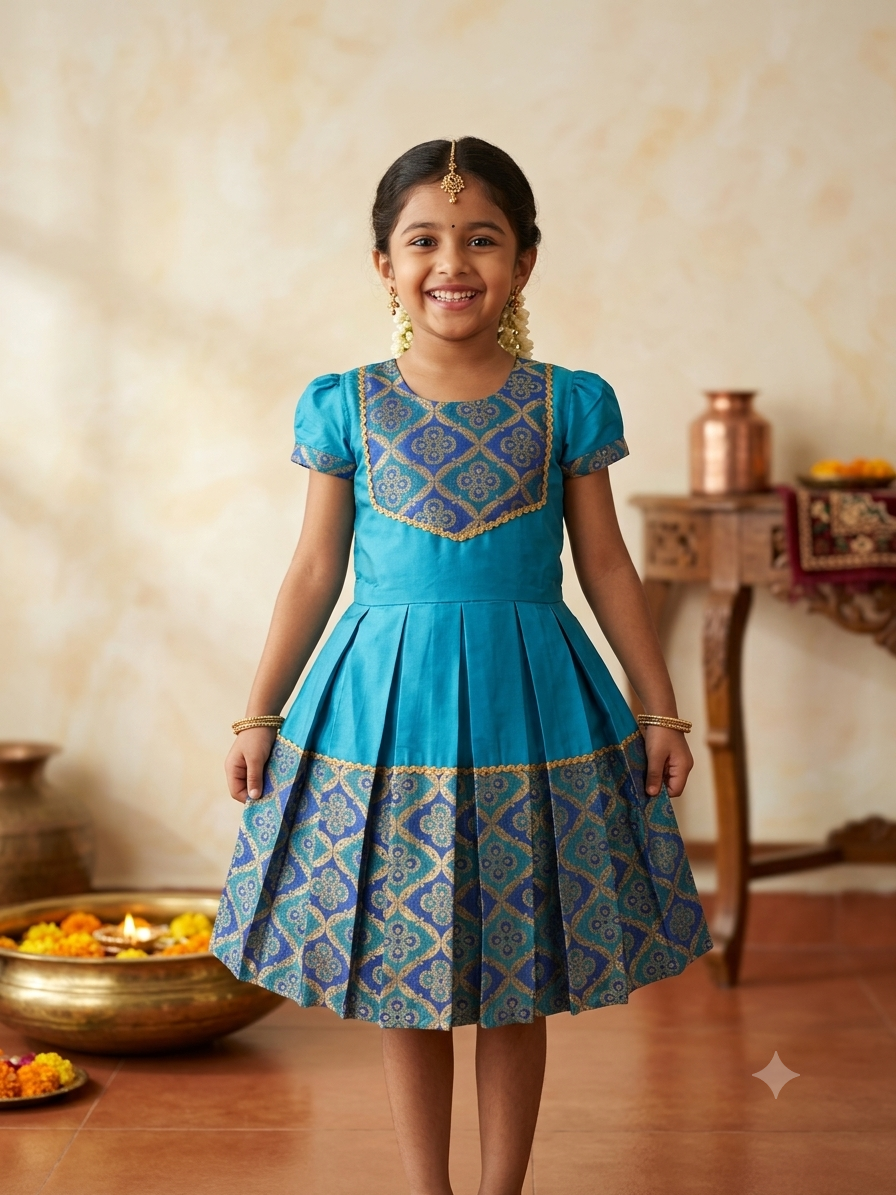A young girl smiling and wearing a traditional Indian blue and gold patterned dress, standing in a warm, decorated indoor setting with a wooden floor and decorative brass vessels. - House of Kritee