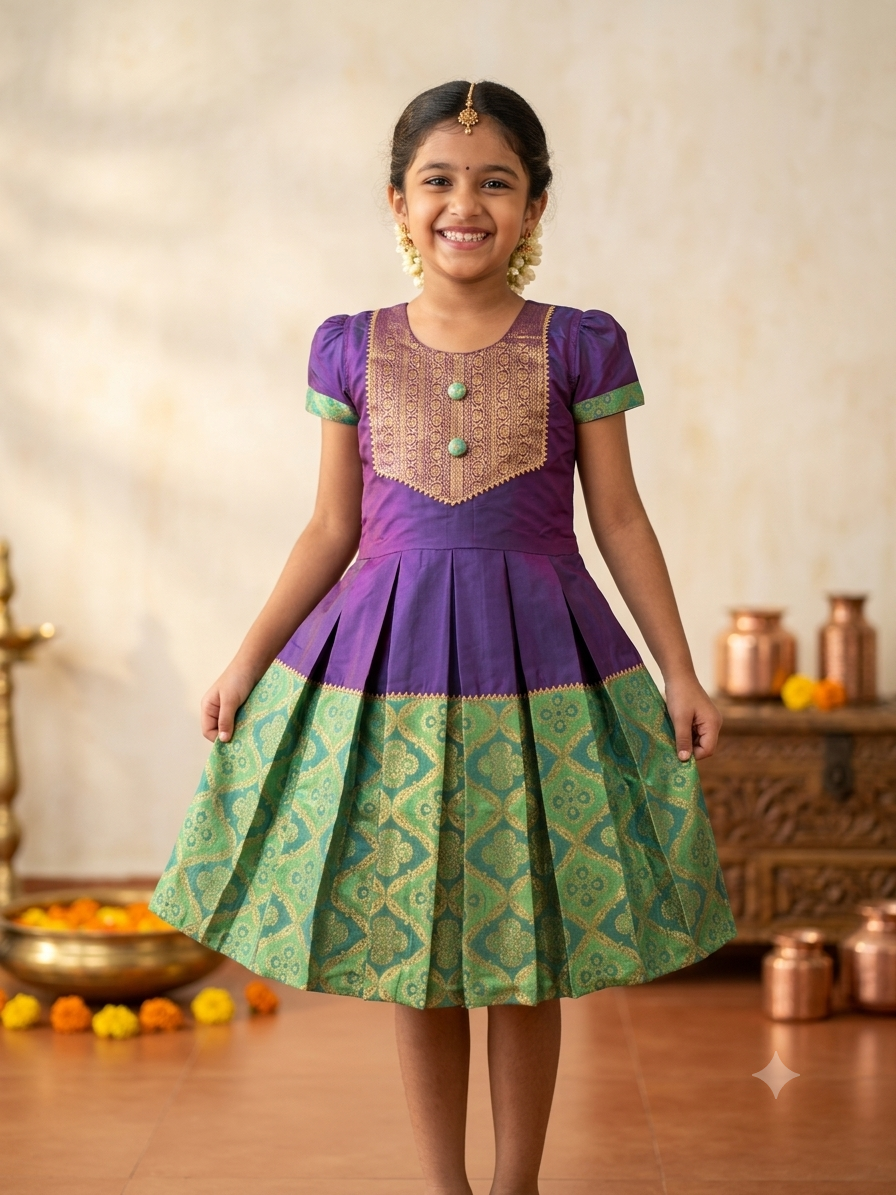 A young girl modeling a traditional Indian dress with a purple bodice and a green patterned skirt, standing in a decorated indoor setting. - House of Kritee