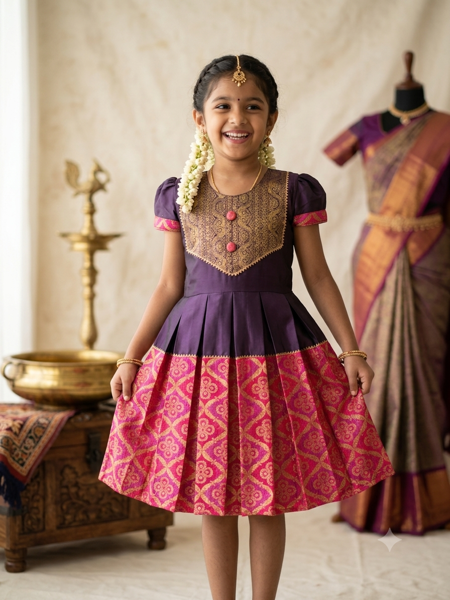 A young girl smiling and wearing a traditional Indian dress with a purple bodice, gold embroidery, and a pink patterned skirt. A mannequin wearing a similar sari is visible in the background. - House of Kritee