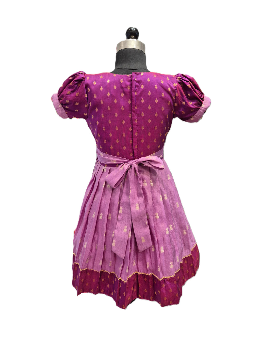 Traditional magenta and lilac silk knee length frock for girls with tassels - House of Kritee