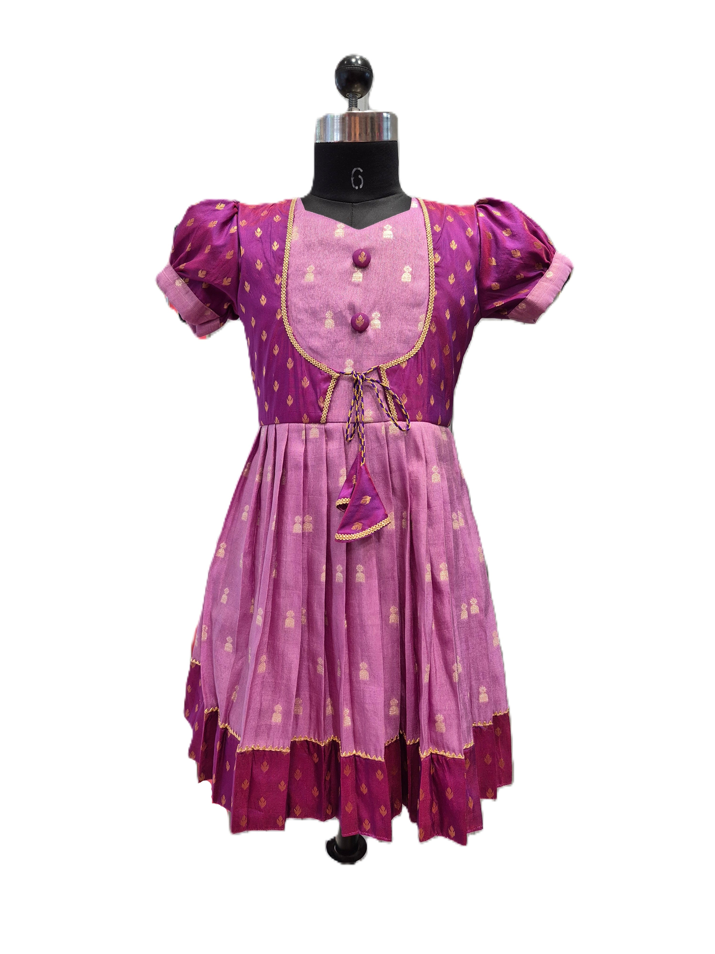 Traditional magenta and lilac silk knee length frock for girls with tassels - House of Kritee