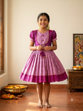 Traditional magenta and lilac silk knee length frock for girls with tassels - House of Kritee
