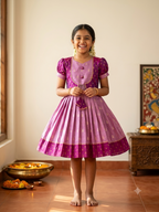 Traditional magenta and lilac silk knee length frock for girls with tassels - House of Kritee