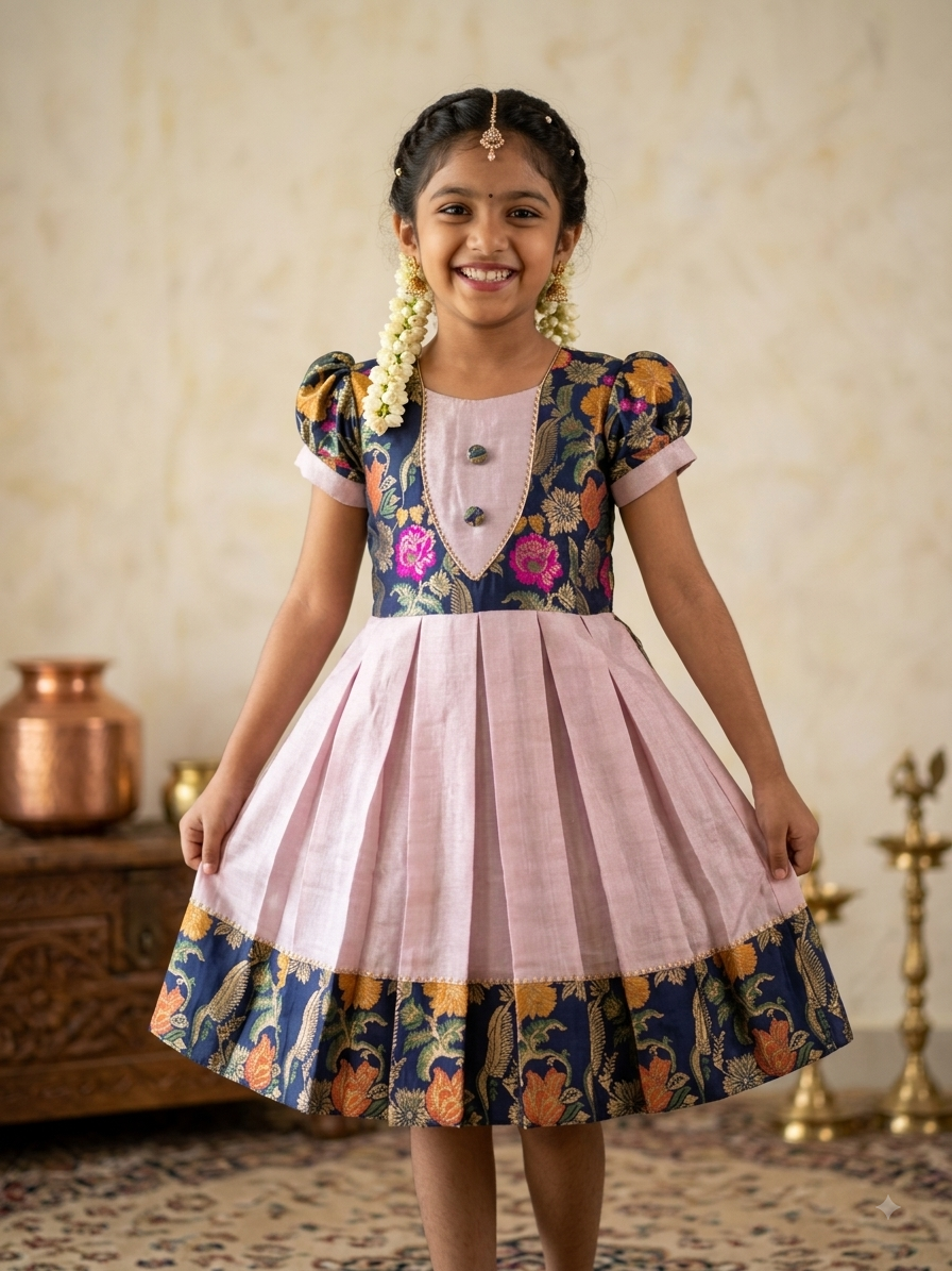 Traditional navy blue and pink silk knee length frock for girls with floral brocade - House of Kritee