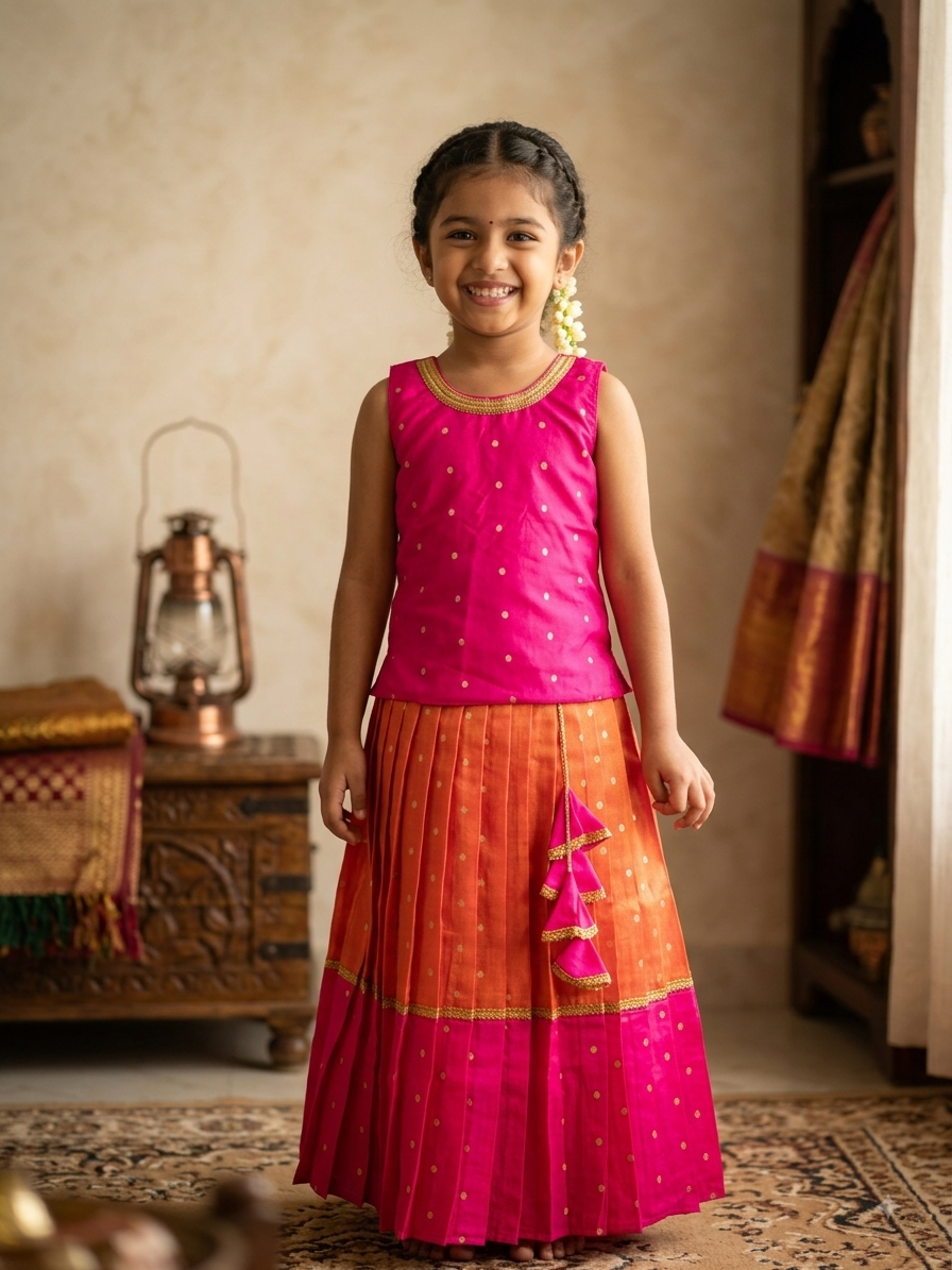Traditional pink and orange silk parkar polka dress for girls with gold zari work - House of Kritee