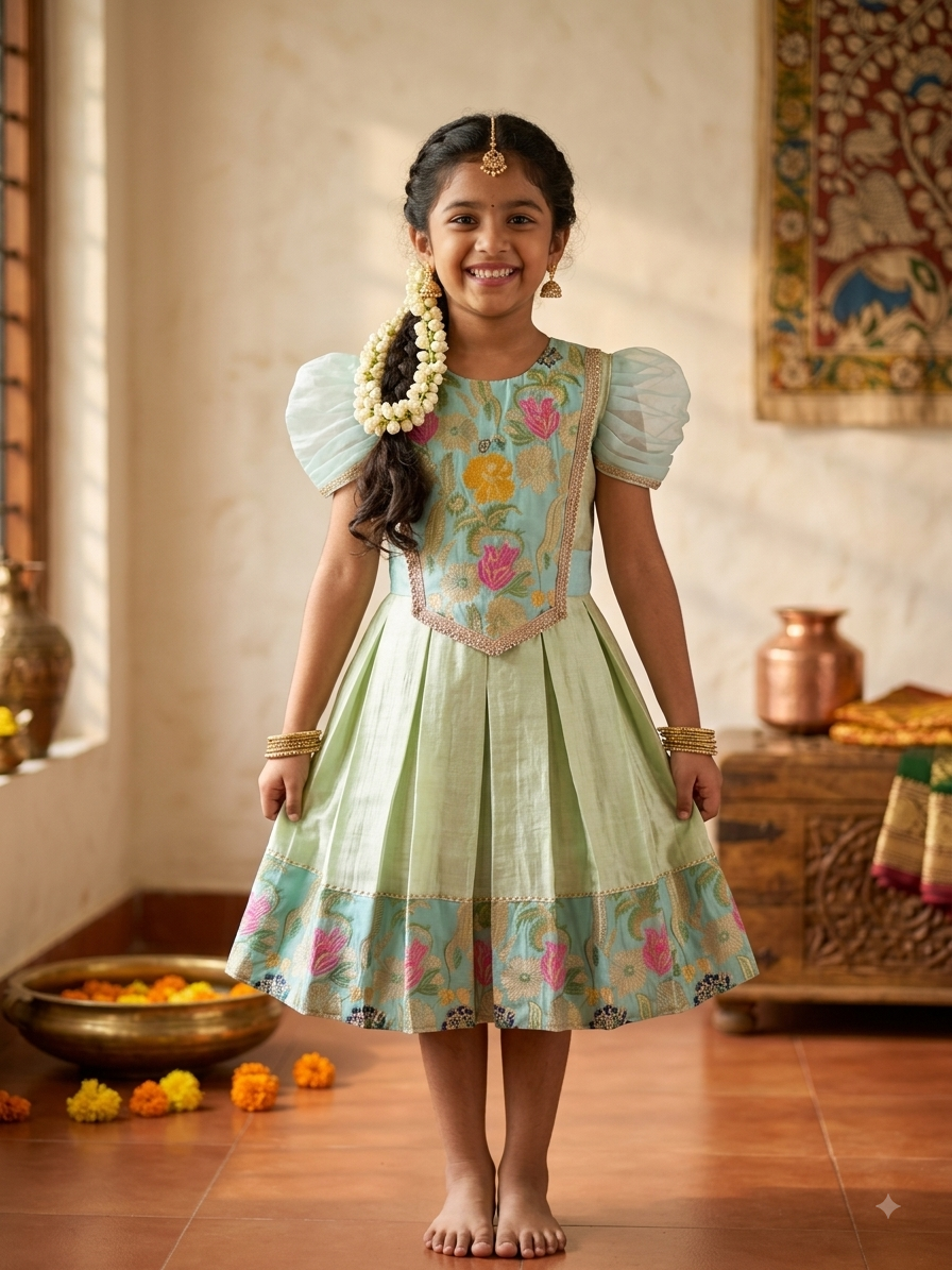 Traditional mint green and sky blue silk knee length frock for girls with floral embroidery - House of Kritee