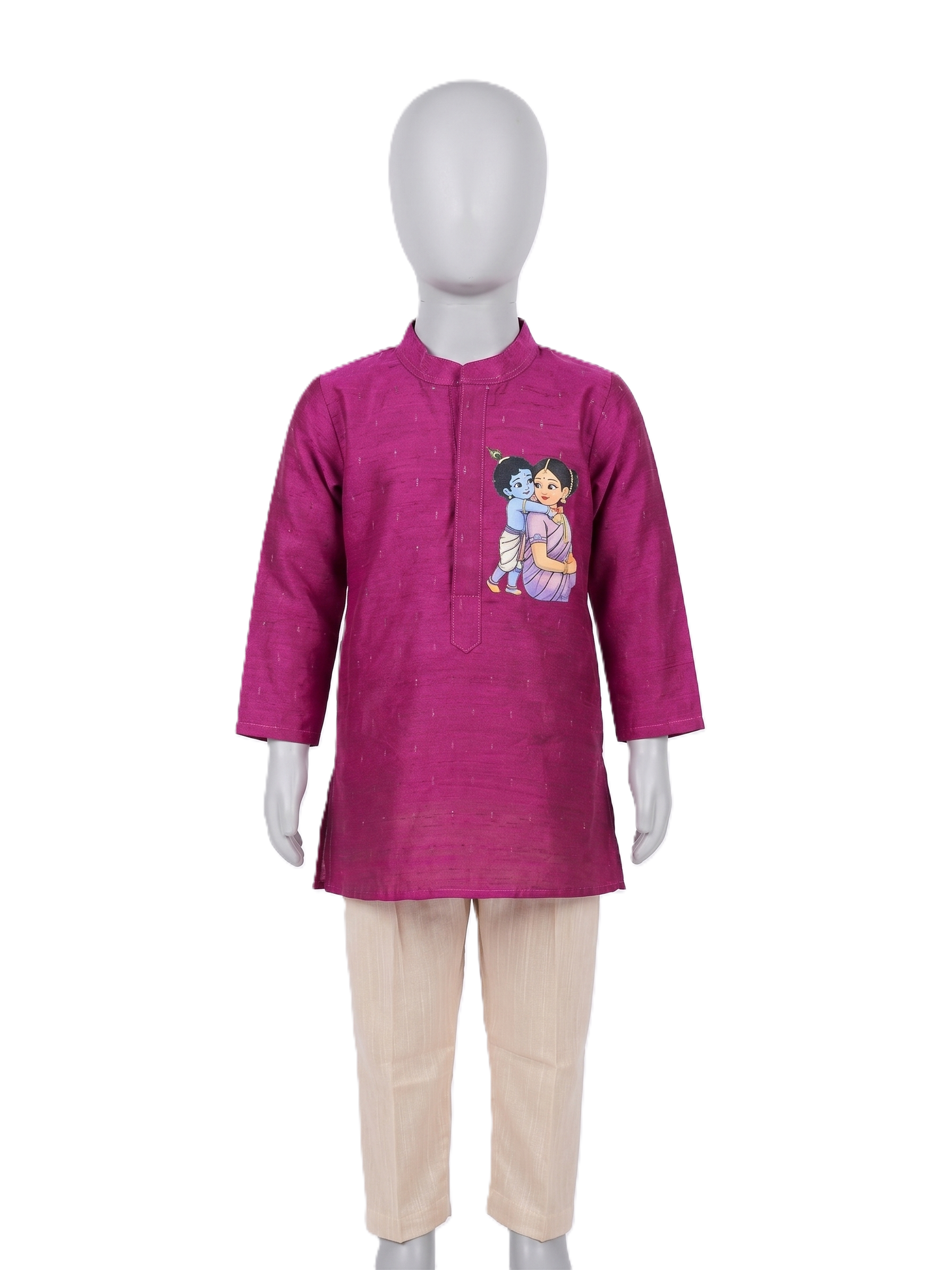 A children's kurta set displayed on a gray mannequin, featuring a magenta-pink long-sleeve kurta with a colorful cartoon illustration on the chest, paired with light beige trousers, against a plain white background. - House of Kritee
