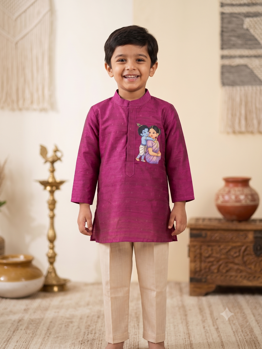 Magenta silk kurta pyjama set for boys with Yashoda Krishna embroidery - House of Kritee
