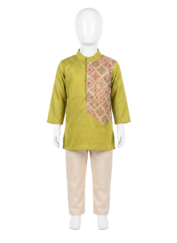 A children's traditional outfit displayed on a white mannequin, featuring a lime green kurta with a pink and gold patterned yoke panel, paired with beige trousers. - House of Kritee