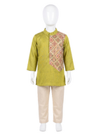 A children's traditional outfit displayed on a white mannequin, featuring a lime green kurta with a pink and gold patterned yoke panel, paired with beige trousers. - House of Kritee