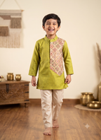 Boys silk kurta pyjama set, traditional Indian outfit for boys, olive green kurta with patterned panel - House of Kritee