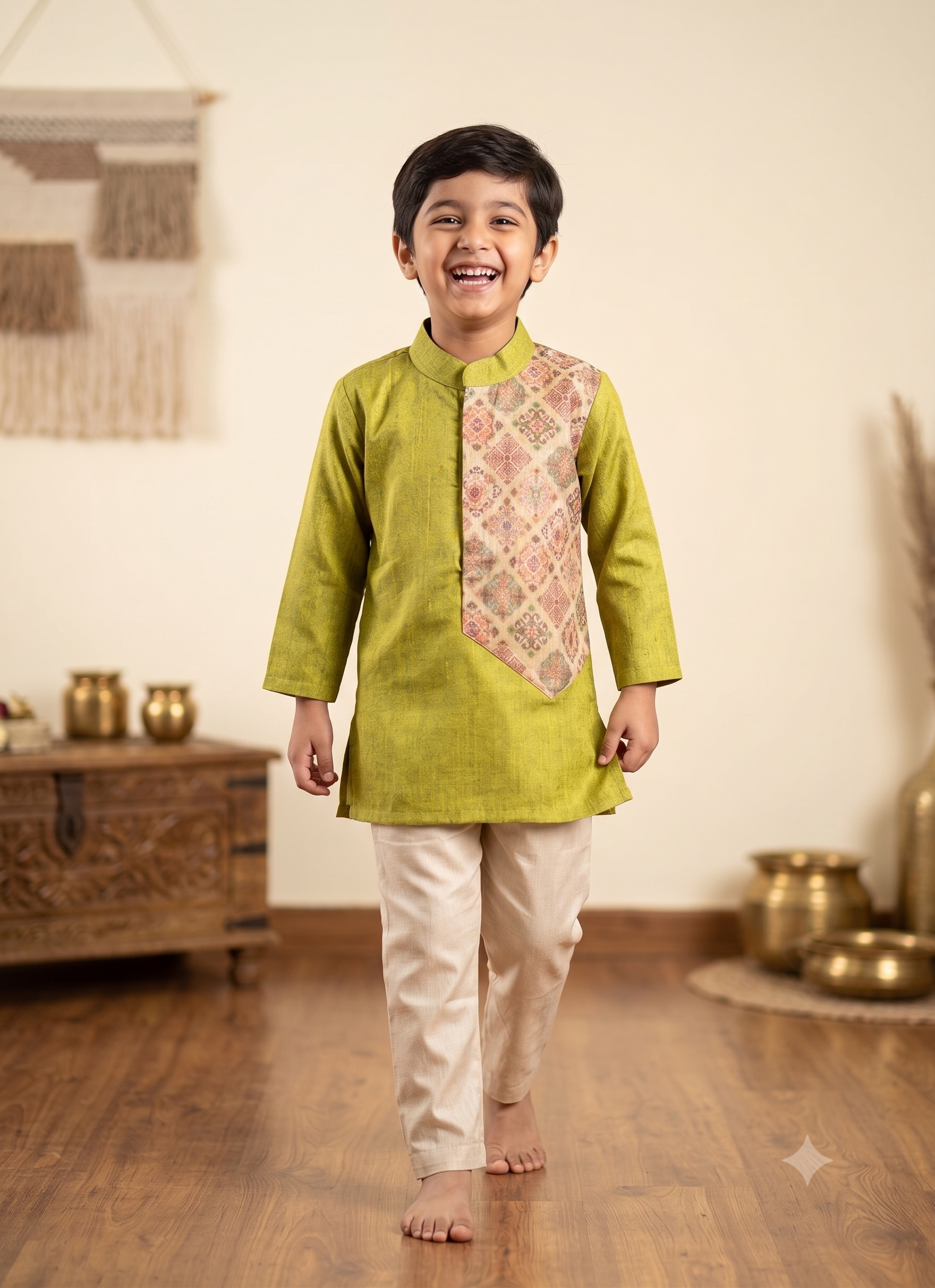 Boys silk kurta pyjama set, traditional Indian outfit for boys, olive green kurta with patterned panel - House of Kritee