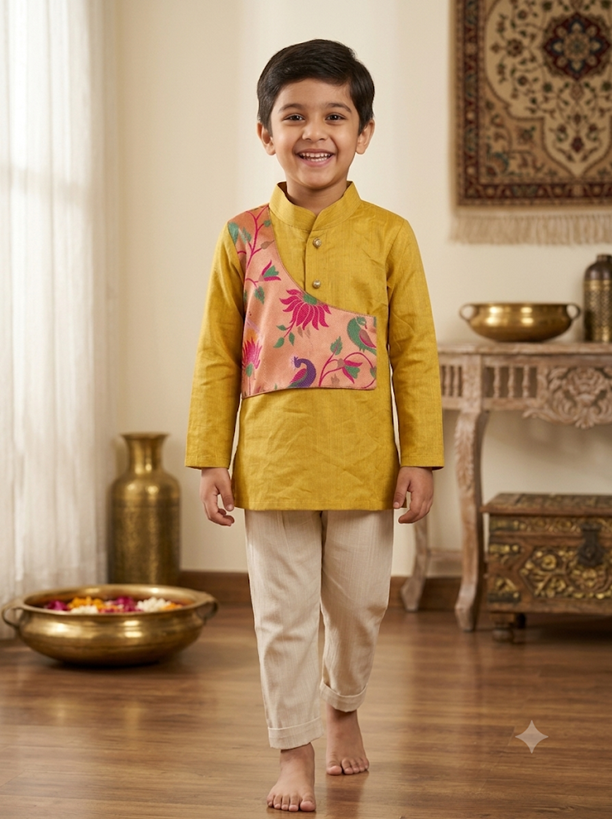 Boy's traditional mustard silk kurta pajama set with peach brocade patch and peacock motifs, children's ethnic wear - House of Kritee