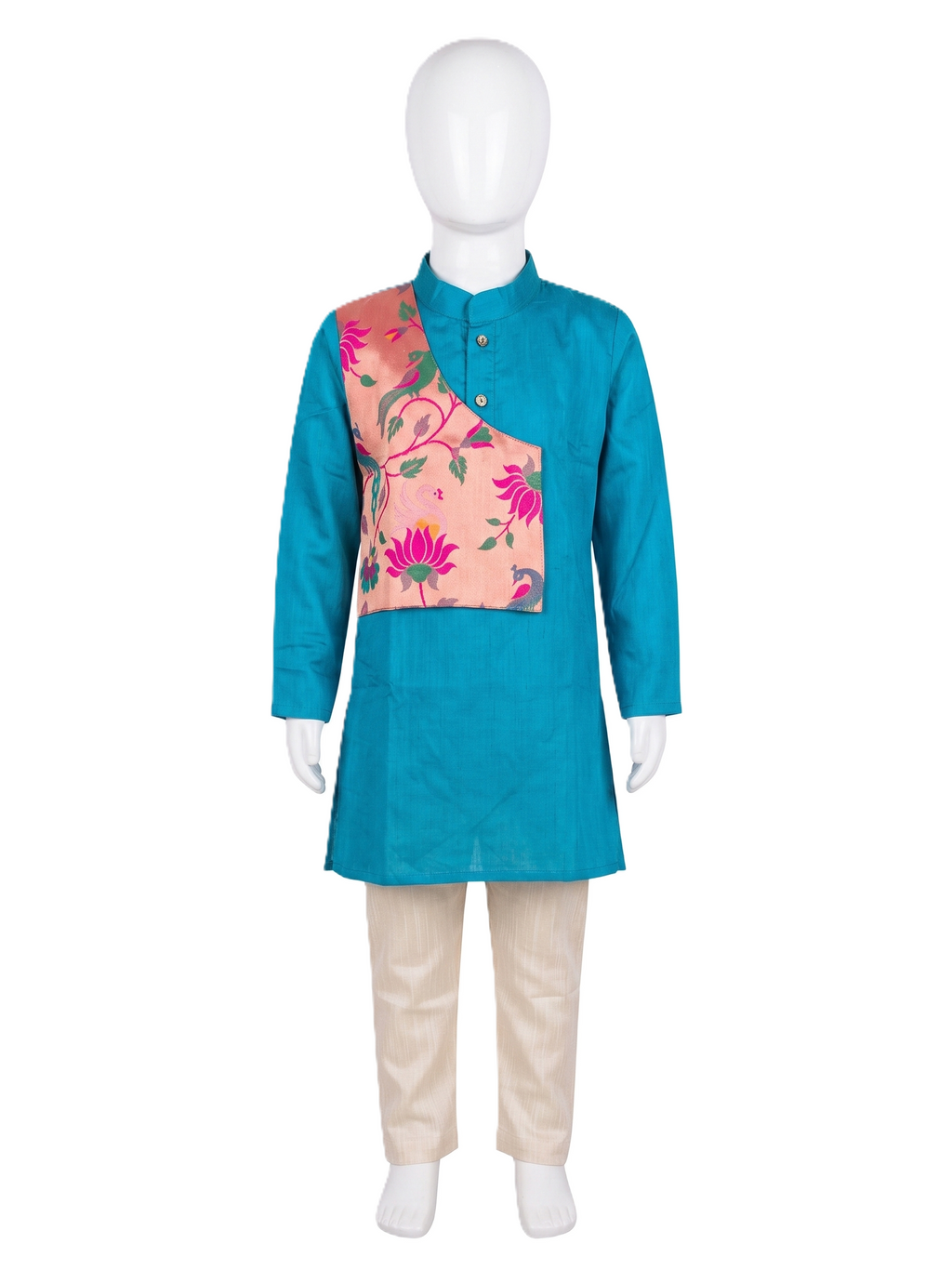 Boys traditional teal silk kurta pyjama set with peach lotus brocade flap - House of Kritee