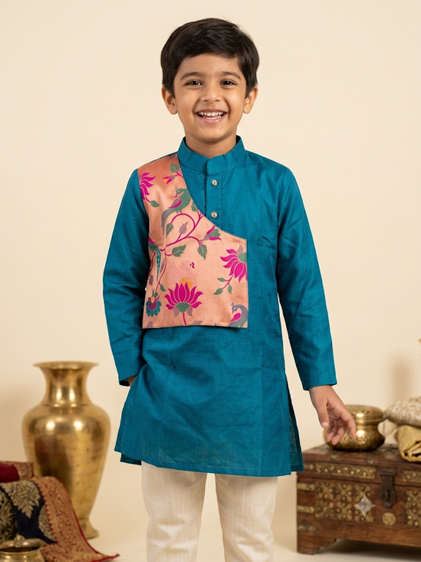 Boys traditional teal silk kurta pyjama set with peach lotus brocade flap - House of Kritee