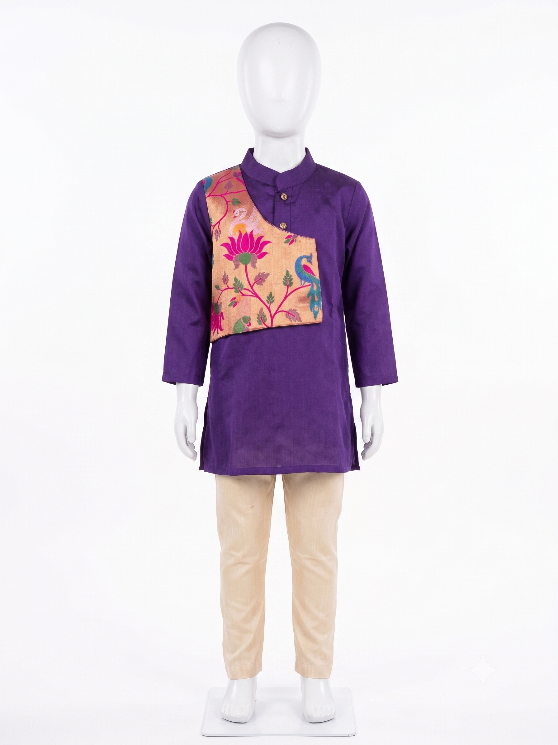 Boys traditional purple silk kurta pyjama set with peach lotus brocade panel - House of Kritee