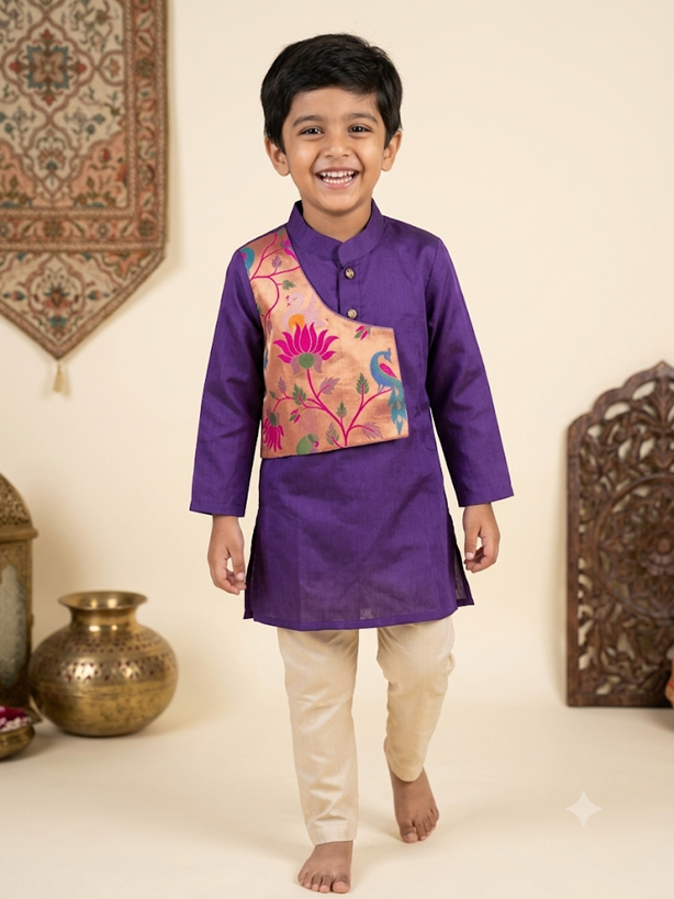 Boys traditional purple silk kurta pyjama set with peach lotus brocade panel - House of Kritee
