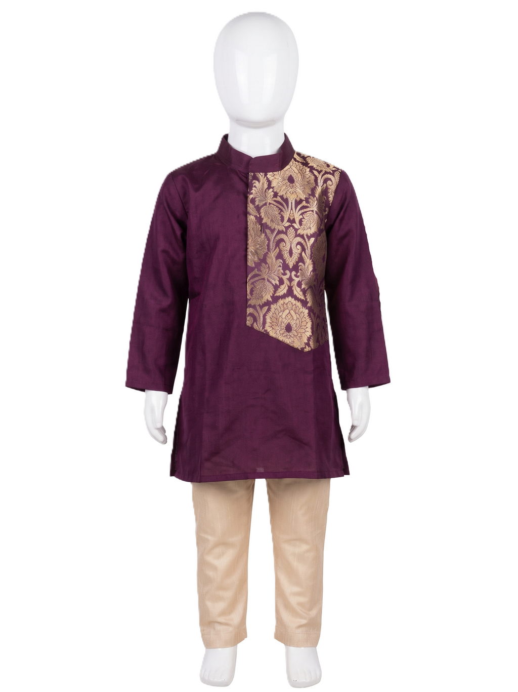 Boys traditional wine silk kurta pyjama set with gold zari brocade panel - House of Kritee