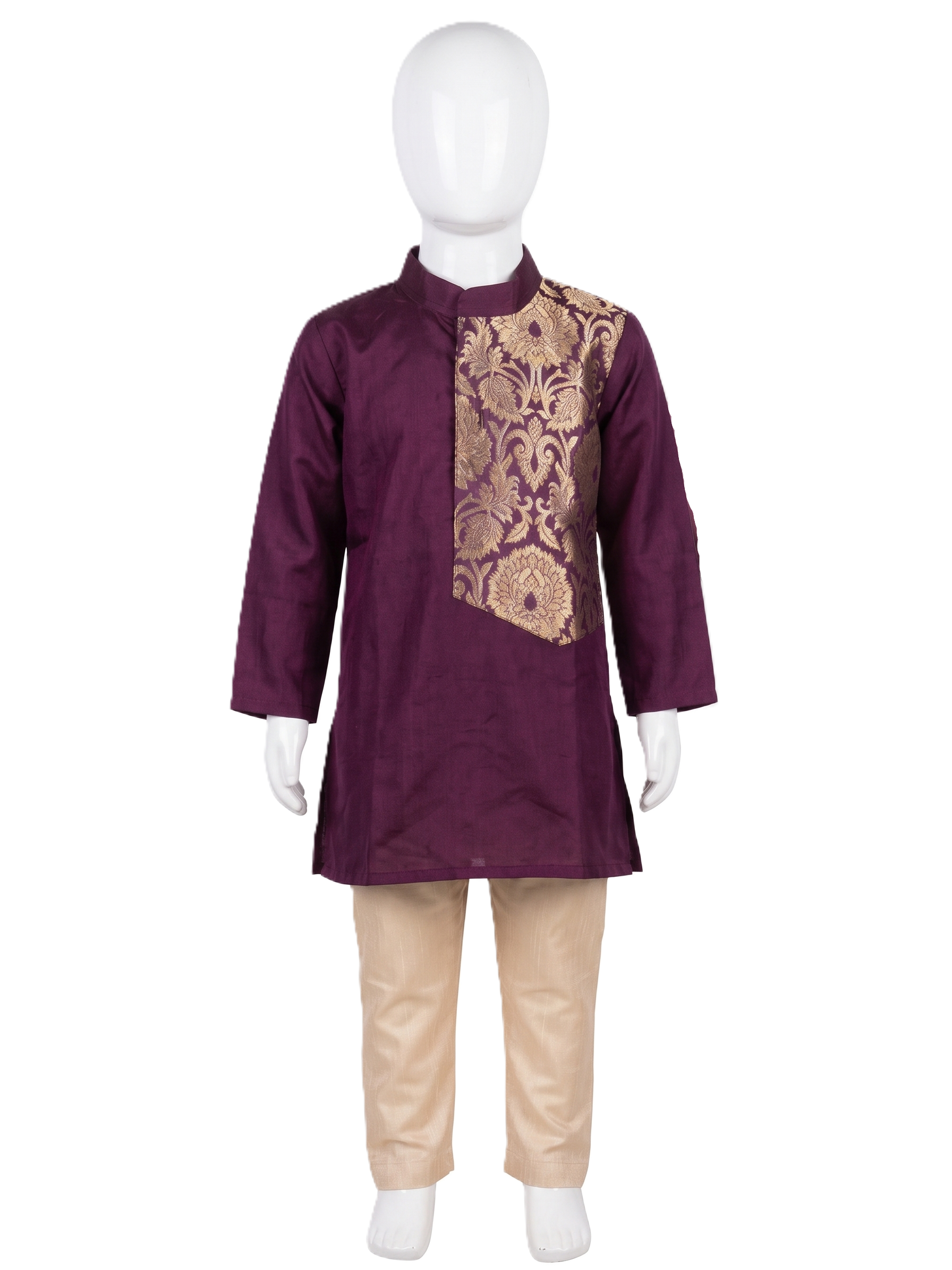 Boys traditional wine silk kurta pyjama set with gold zari brocade panel - House of Kritee