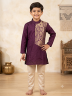 Boys traditional wine silk kurta pyjama set with gold zari brocade panel - House of Kritee