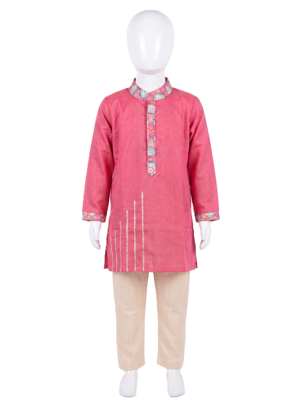 Boys traditional pink silk kurta pyjama set with printed collar and cuffs - House of Kritee