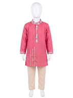 Boys traditional pink silk kurta pyjama set with printed collar and cuffs - House of Kritee