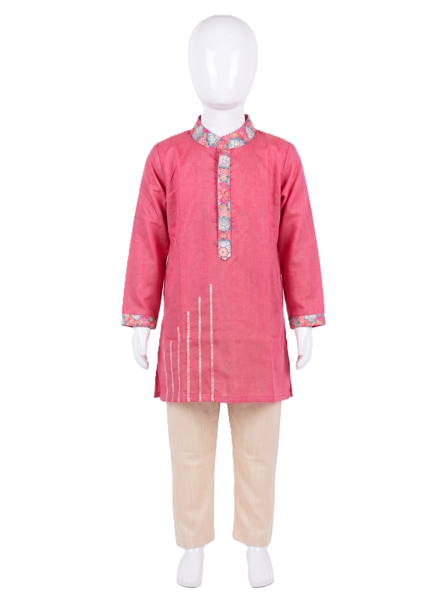 Boys traditional pink silk kurta pyjama set with printed collar and cuffs - House of Kritee
