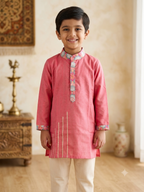 Boys traditional pink silk kurta pyjama set with printed collar and cuffs - House of Kritee